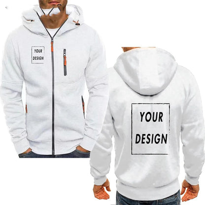 Men's hooded zipper jacket with pockets, custom logo image text, casual sports streetwear, men's cardigan wool sweater, fashion.
