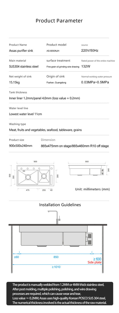 ASRAS Kitchen Sink Stainless Steel Nano Grey Kitchen Sink with Built-in Food Purifier, Hidden Cover & Adjustable Lift Faucet