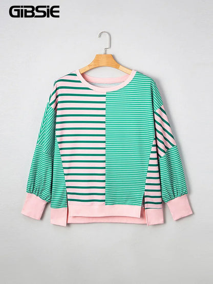 GIBSIE Plus Größe Gestreiften Oansatz Langarm Schlitz Sweatshirt Frauen 2025, Herbst Mode Lose Passenden Casual Pullover Jumper Top.