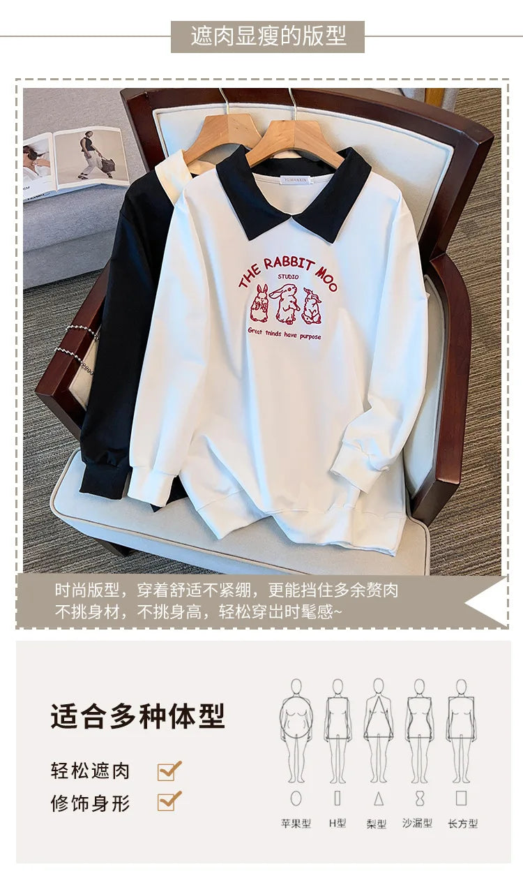 175kg plus size Damen büste Frühling Herbst loser Polo kragen Kaninchen besticktes Sweatshirt schwarz weiß 5xl 6xl 7xl 8xl 9xl.