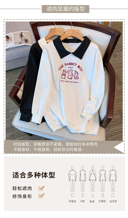 175kg plus size Damen büste Frühling Herbst loser Polo kragen Kaninchen besticktes Sweatshirt schwarz weiß 5xl 6xl 7xl 8xl 9xl.