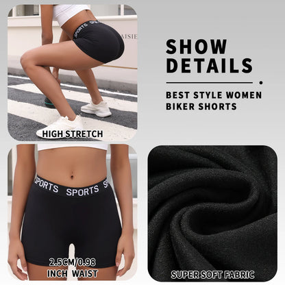 Super Soft Letter Waist Biker Shorts For Women No See Through Workout Running Yoga Athletic Push Up Gym Fitness Shorts.