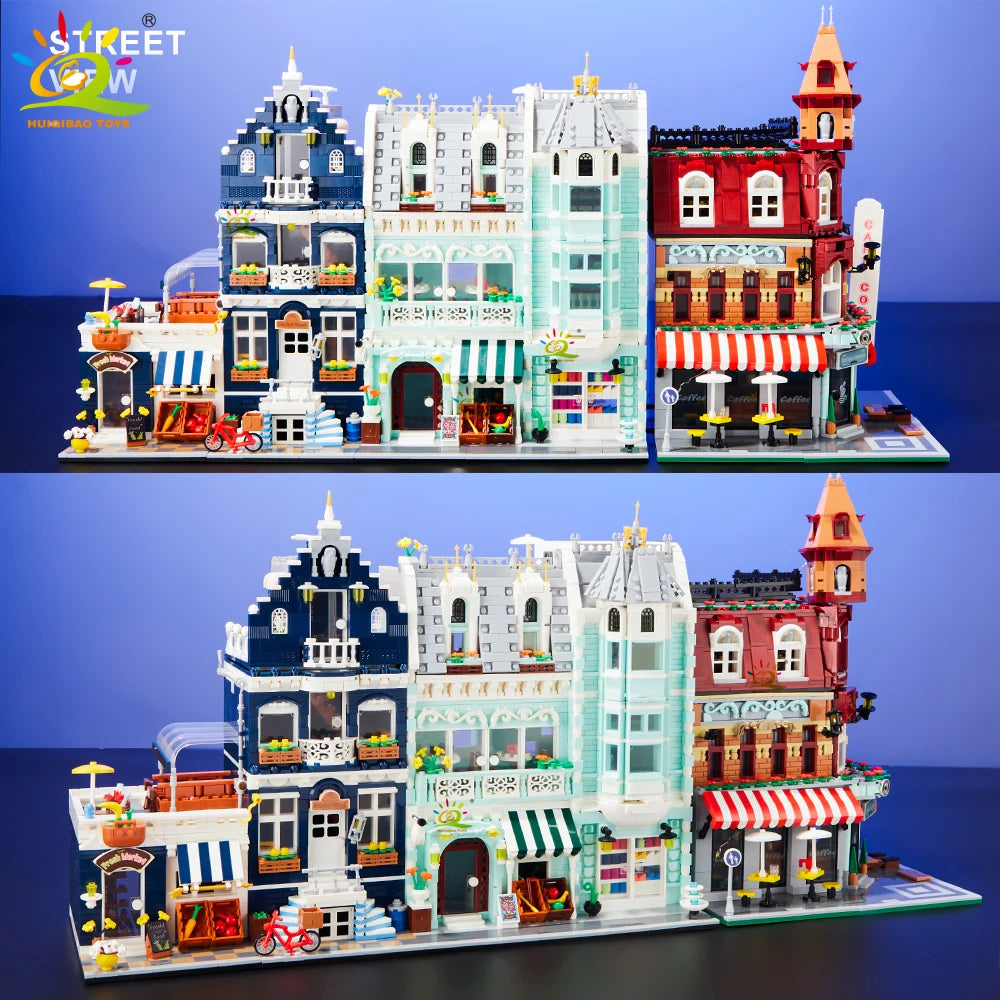HUIQIBAO Toys MOC City Corner Coffee Shop Architecture Style Street View Micro Building Blocks for Children Construction Bricks.