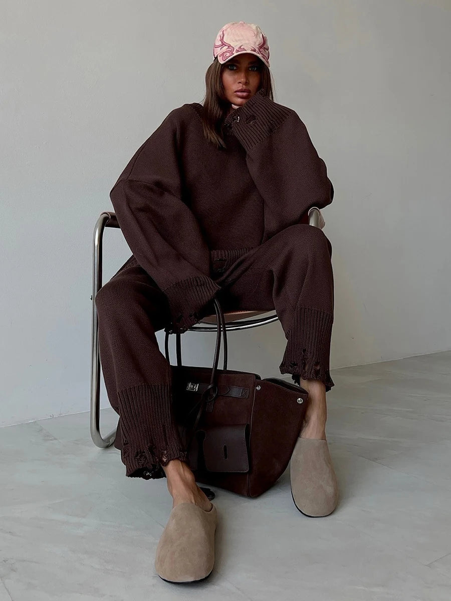 Two Piece Ripped Set Women Knit Tracksuits O Neck Long Sleeve Casual Baggy Sweatshirts+ Joggers Pants Outfits 2025 Fall Winter