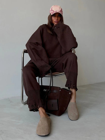 Two Piece Ripped Set Women Knit Tracksuits O Neck Long Sleeve Casual Baggy Sweatshirts+ Joggers Pants Outfits 2025 Fall Winter