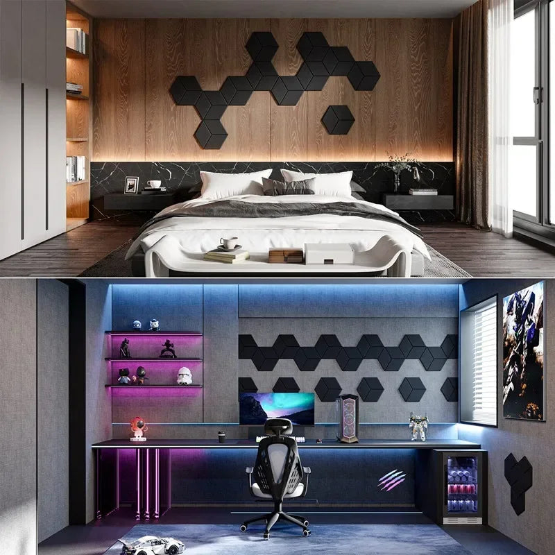 12 Pack HexagonalSelf-adhesive Acoustic Panels Sound Proof Foam Panels Y-Lined Design to Absorb Noise Eliminate Echoes Black