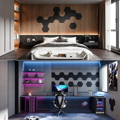 12 Pack HexagonalSelf-adhesive Acoustic Panels Sound Proof Foam Panels Y-Lined Design to Absorb Noise Eliminate Echoes Black