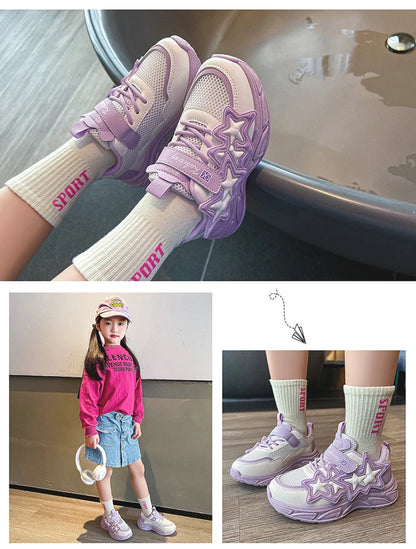 Children Casual Shoes for Girls Fashion Classic with Stars Girls Sports Running Sneakers Breathable PU + Rubber Anti-skid Soft