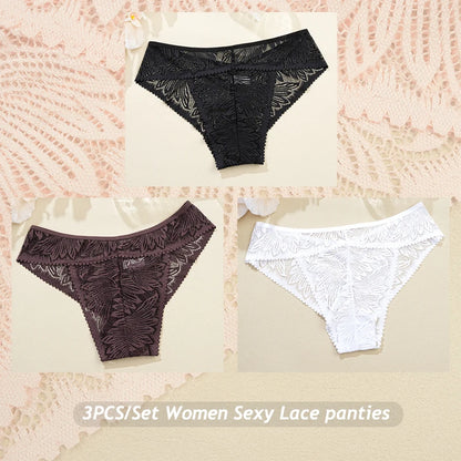 3PCS/Set Women Lace Panties Sexy Low Riase Elastic Brifes Solid Color Perspective Breathable Underwear Ladeis Sexy Lingerie