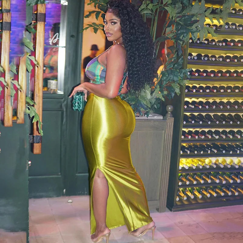 2025 Autumn Stain Long Solid Color Skirt Women Elegant High Waist Side Split Maxi Skirts Party Sexy Clothes for Female.