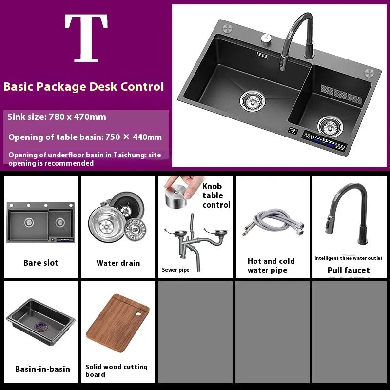 Water Catalyst Stainless Steel Kitchen Sink Multifunctional Smart Double slot Cleaning Ingredients Dishes Kitchen Sink