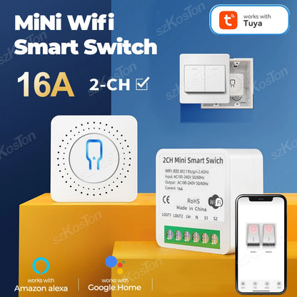 16A Tuya WiFi Smart Switch Modul Smart Home 2CH MiNi DIY Licht Breaker Timer Sprachsteuerung Funktioniert mit Alexa Google Hause.