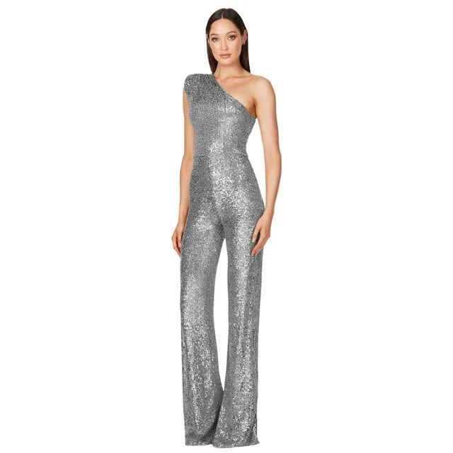 Women Elegant Long Jumpsuits Sexy Glitter Sequin Club Ladies Playsuits Slanted Collar Party Fashion Backless Solid Romper 2024