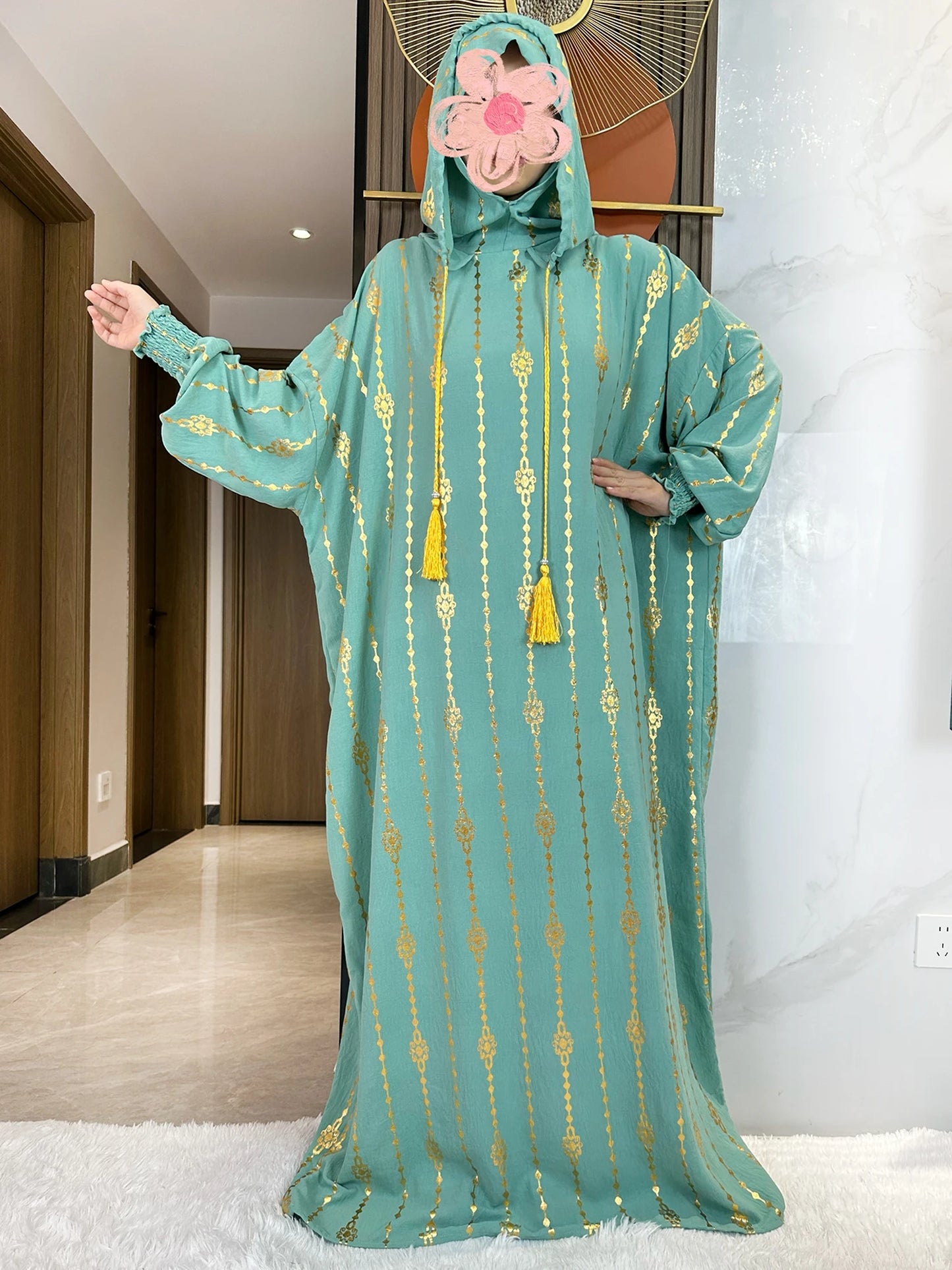 High Grade Cotton Fabric Ramadan Muslim Two-Hat Abaya Dubai Turkey Islam Prayer Clothes Gold Dust Dress Islam Women Dress Kaftan