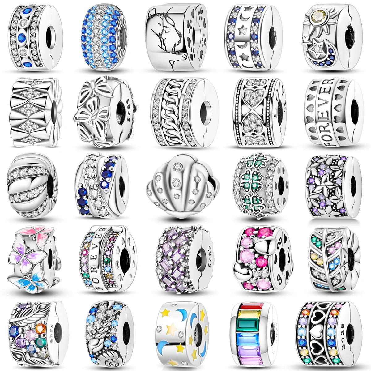 Silver Clasp 925 Sterling Silver CZ pave Clip Charms Daisy Beads Stopper Safety Chain fit Original Bangle Bracelet Jewelry Clip.