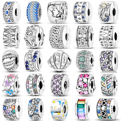 Silver Clasp 925 Sterling Silver CZ pave Clip Charms Daisy Beads Stopper Safety Chain fit Original Bangle Bracelet Jewelry Clip.
