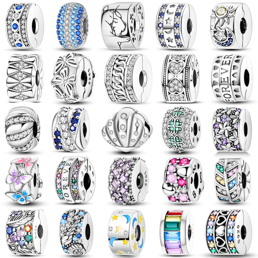 Silver Clasp 925 Sterling Silver CZ pave Clip Charms Daisy Beads Stopper Safety Chain fit Original Bangle Bracelet Jewelry Clip.
