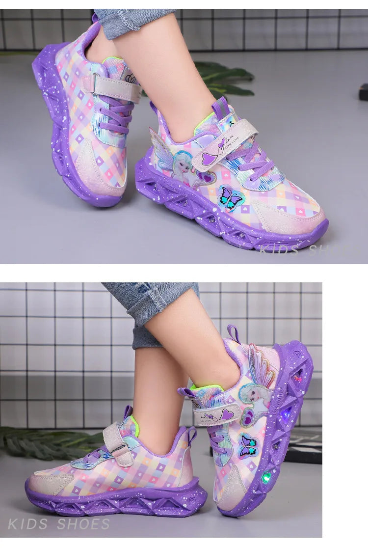 Disney Children's Sports Shoes Led Lights Sneaker Cartoon Frozen Princess  Elsa PU Leather Girls' Pink Children's Running Shoes.
