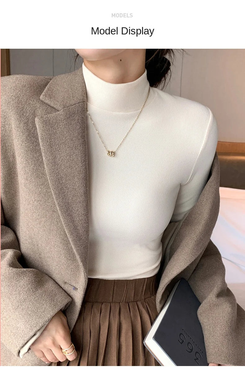Damen-Strickpullover mit halbem Rollkragen, elegant, koreanische Mode, langärmelig, Oberteil, schmale Passform, Thermo-Pullover, lässige Strickwaren.