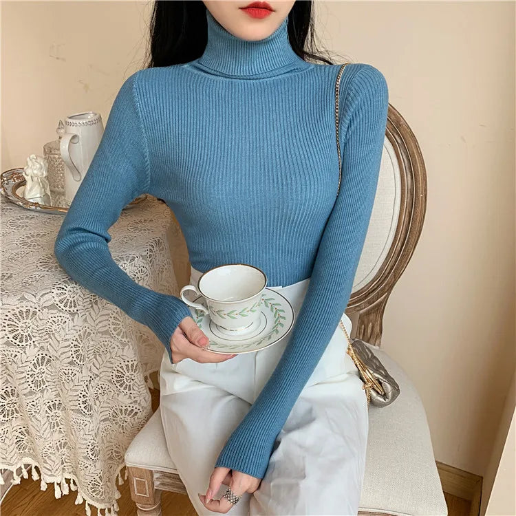 2023 herbst Winter Frauen Langarm Gestrickte Foldover Rollkragen Rippen Pull Pullover Weiche Warme Femme Jumper Pullover Kleidung.