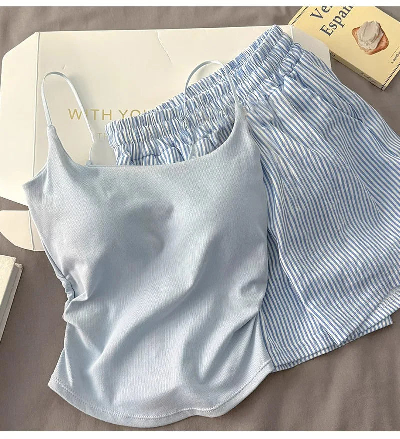 Einfarbiger Pyjama mit Brustpolstern, gestreifte Shorts für Damen, Sommer, dünne Leibchen-Shorts, Loungewear, großer Pyjama, zweiteiliges Set.