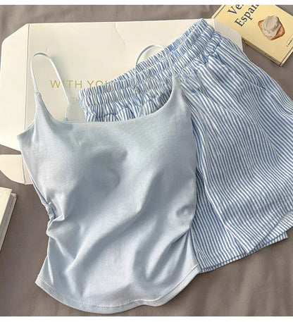 Einfarbiger Pyjama mit Brustpolstern, gestreifte Shorts für Damen, Sommer, dünne Leibchen-Shorts, Loungewear, großer Pyjama, zweiteiliges Set.