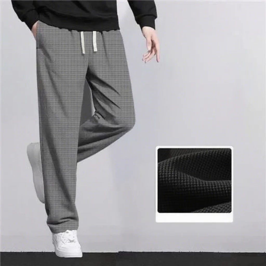 Men's retro knitted Waffle sweatpants, loose straight leg solid color pants with elastic waist and drawstring, suitable for autu.
