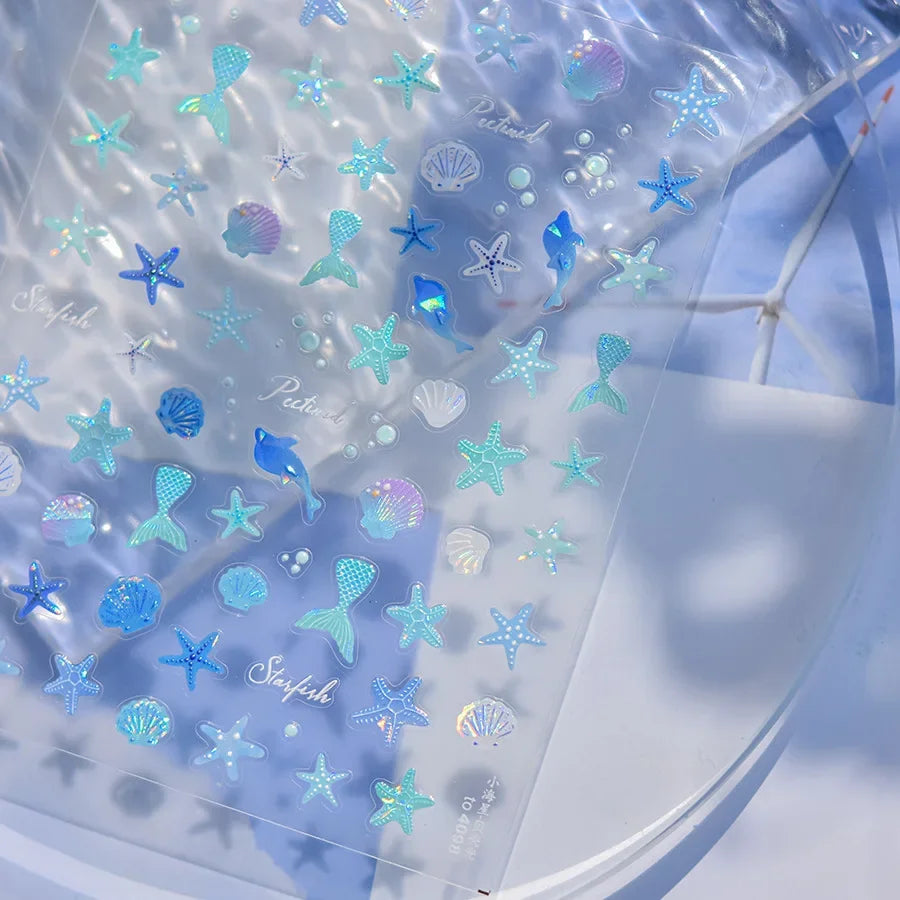 Ocean Theme 5D Nail Sticker Summer Beach Seashells Starfish Conch Scallop Shell Coral Self Adhesive Decoration Manicure Decal