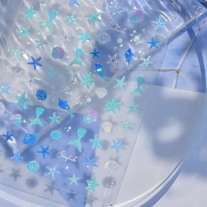 Ocean Theme 5D Nail Sticker Summer Beach Seashells Starfish Conch Scallop Shell Coral Self Adhesive Decoration Manicure Decal