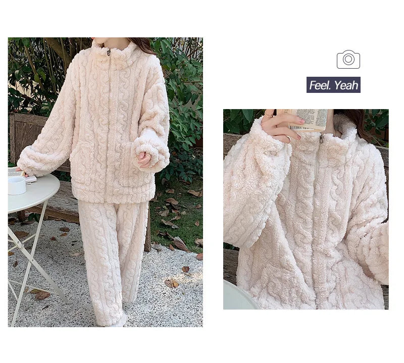 Große Größe Flanell Pyjama Set Herbst Winter Weibliche Nachtwäsche Hosen Anzug Verdicken Korallen Fleece Hohe Kragen Lounge Tragen Homewear.