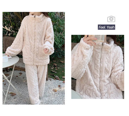 Große Größe Flanell Pyjama Set Herbst Winter Weibliche Nachtwäsche Hosen Anzug Verdicken Korallen Fleece Hohe Kragen Lounge Tragen Homewear.