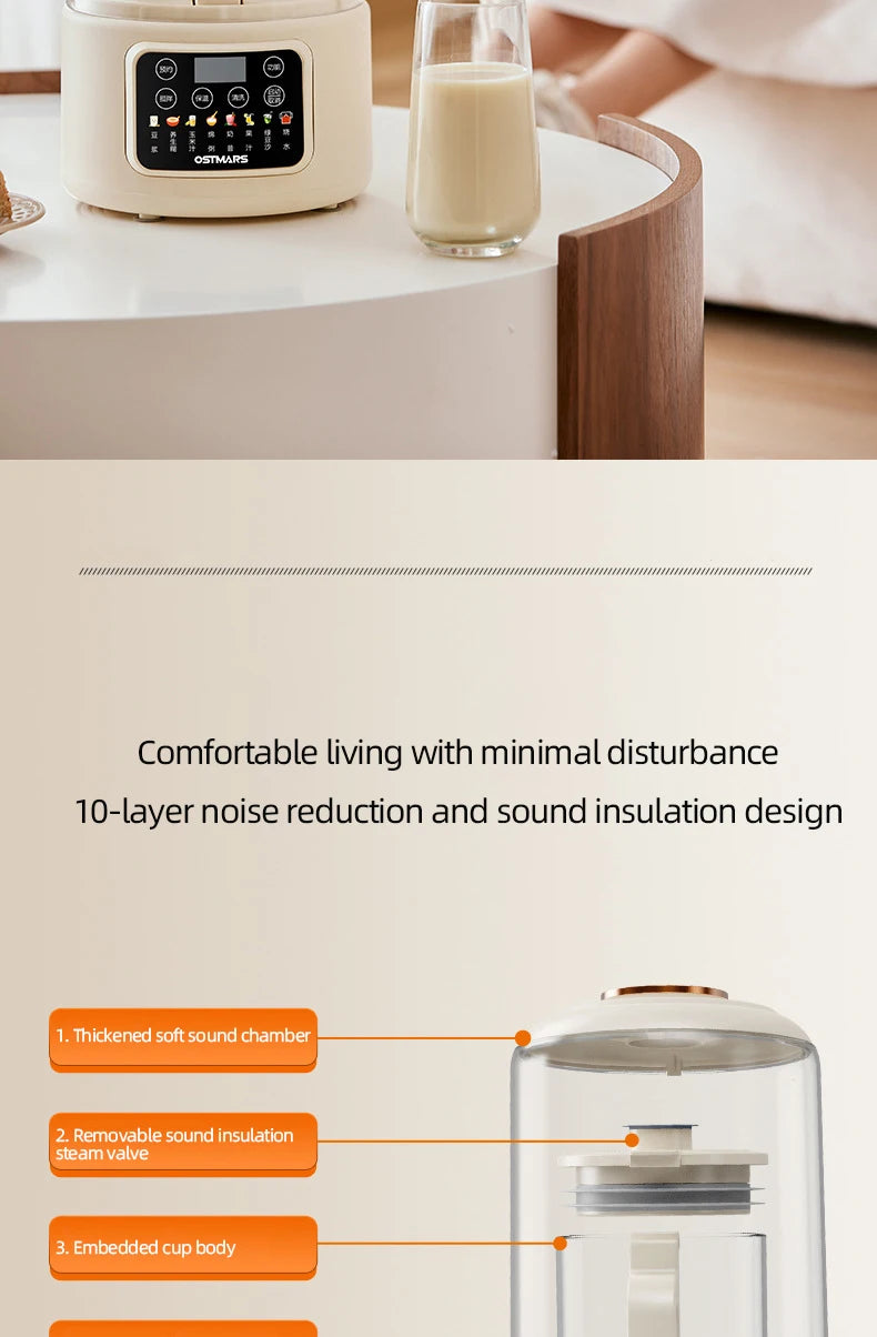 1.5L Soybean Milk Machine Wall Breaking Machine with Soundproof Cover Multifunctional Fruit Vegetable Juicer Automatic Blender.