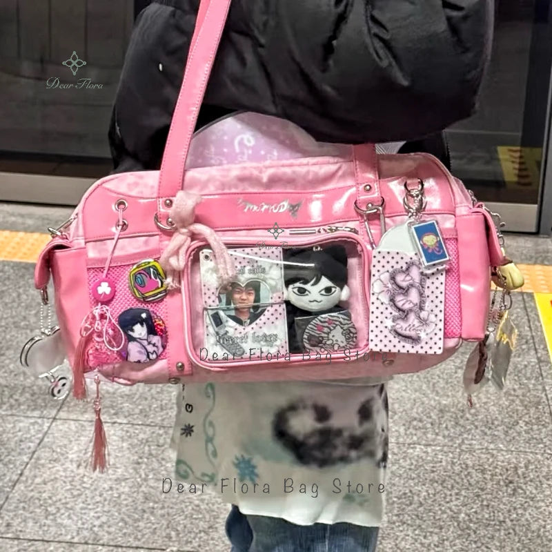 New Y2k Leopard Ita Shoulder Bag Lolita Girls Transparent Tote Bag Womens Large Capacity Crossbody Bag Cute DIY Display Handbags.