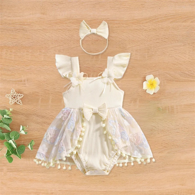 0-18M Kleinkind Baby Mädchen Sommer Strampler Kleid Nette Rüschen Ärmellose Square Neck Blume Body mit Stirnband Set neugeborene Kleidung.