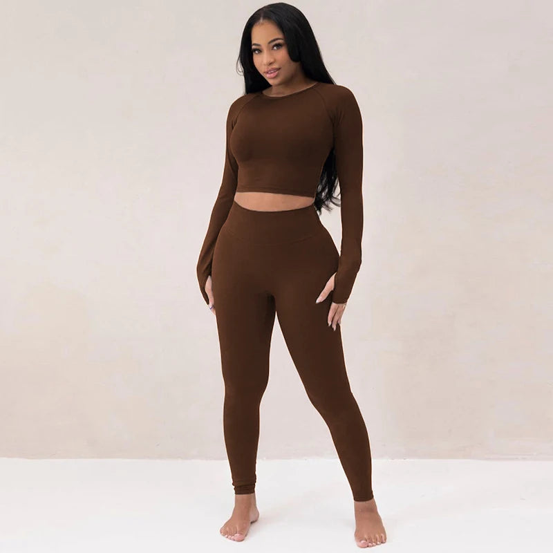 Hugcitar Pure Color Long Sleeve Crop T-Shirt Legging 2 Piece Matching Sets 2024 Spring Women Fashion Streetwear Sports Tracksuit