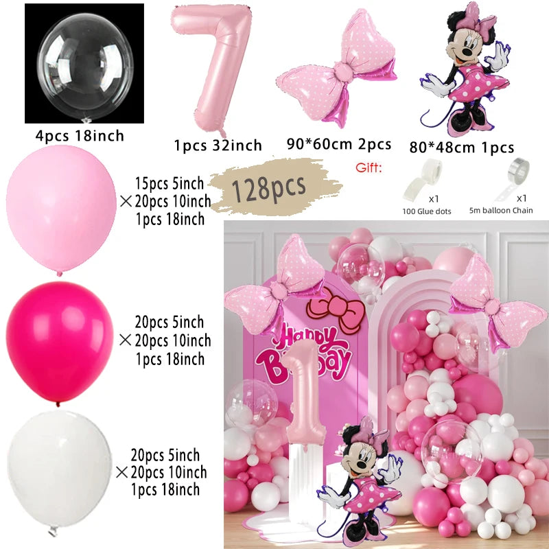 128PCS Minnie Maus Rosa Schleife Aluminium Form Ballon Girlande Bogen Set Mädchen Prinzessin Geburtstag Party Baby Dusche Dekoration Lieferungen