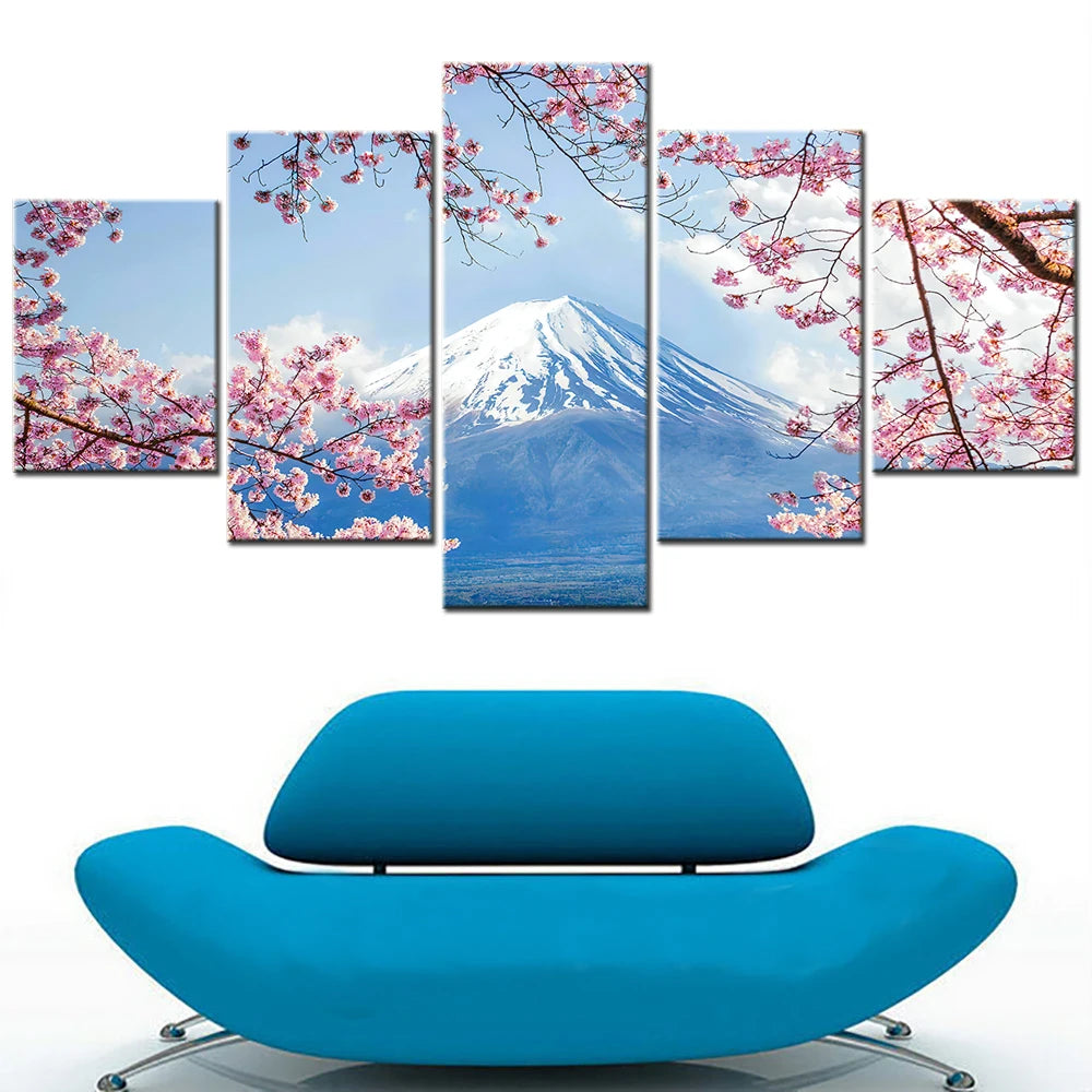 Mount Fuji Snow Peak Cherry Blossoms 5 Panel Wall Art Canvas Print Picture for Room Decor Painting Home Decoration Accessories.