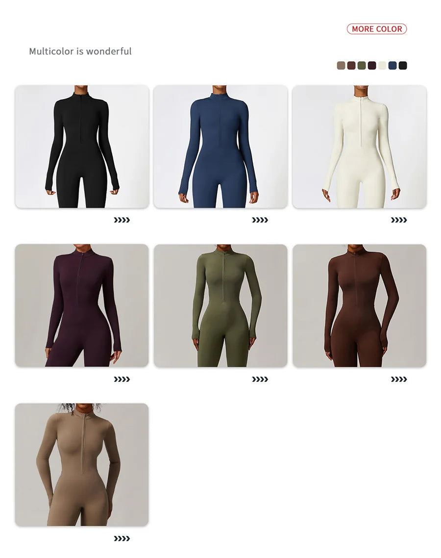 Zipper Workout Jumpsuit Sports Overalls Women Gym Clothing Running Long Sleeves Fitness Gym Tracksuit Short Sportswear Yoga Set.