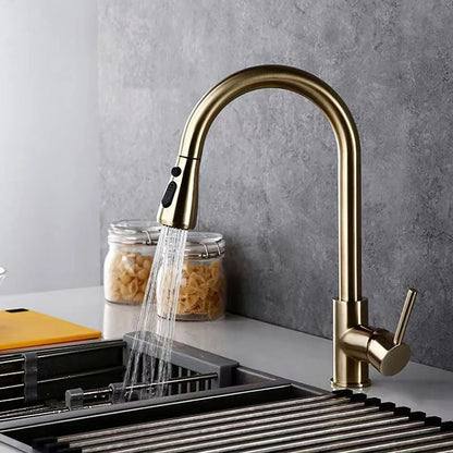 Old Style Pull-out Rotating Kitchen Faucet, 360° Swivel Stainless Steel Water Faucet in Brushed/Gold/Black Finish for Sink