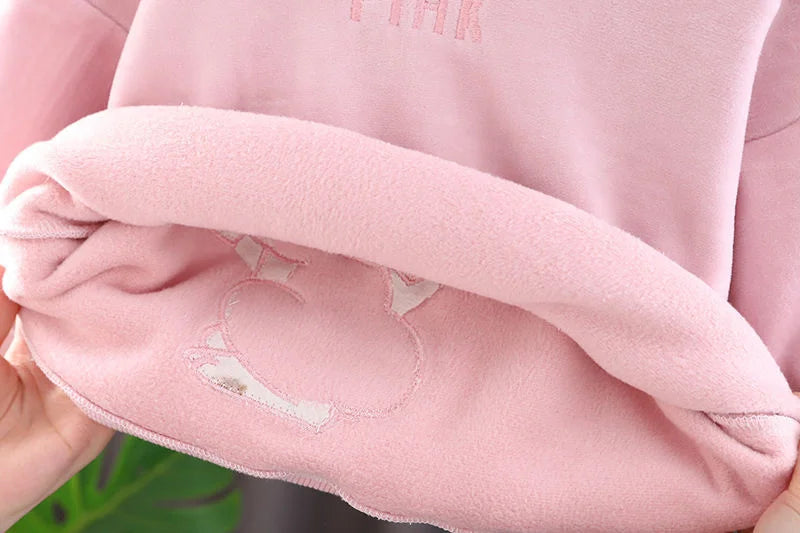 Baby Girls Warm Set Autumn Winter Lining Plush Thick Outfits Kids Cartoon Rabbit Ear Hoodie+Pants 2Pcs Children Casual Clothing.