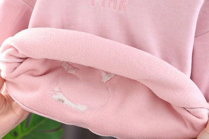 Baby Girls Warm Set Autumn Winter Lining Plush Thick Outfits Kids Cartoon Rabbit Ear Hoodie+Pants 2Pcs Children Casual Clothing.
