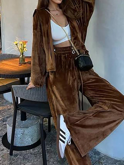Women Autumn Hooded Coat Two Pieces Sets, Solid Patchwork Wide Leg Pants Chic Outfit, New Long Sleeve Casual Simple Ladies Suits