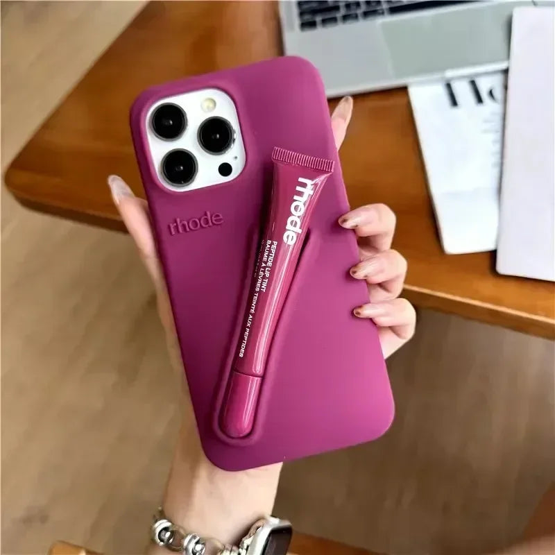 9 Colour Lipstick Holder Silicone Case for iPhone 16E 16 15 14 13 12 11 Pro Max Plus Lip Gloss Portable Stand Cover Funda.