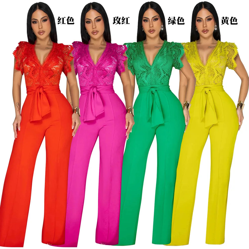 Summer Fashion Lace High Waisted Jumpsuit Women Elegant OL Lace Sleeveless Waistband Straight Jumpsuit Women.