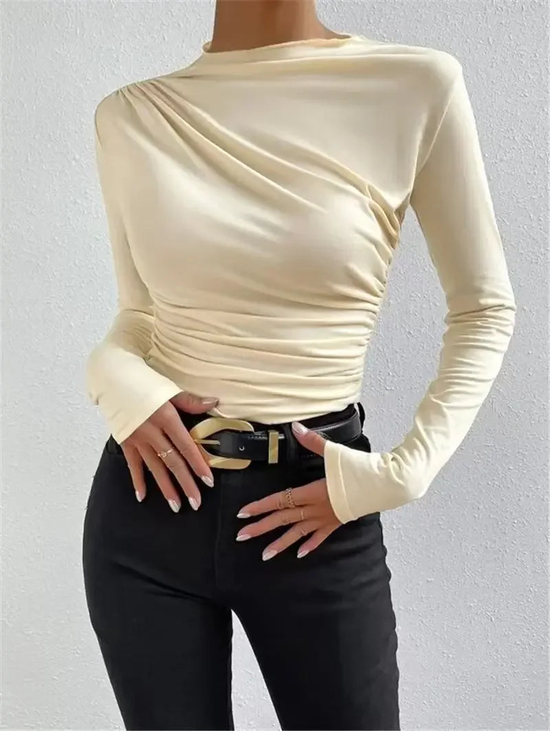 New Pure Color Folded High Collar Slim Fit Long Sleeve T-Shirt Grey Autumn Winter Versatile Design Base Layer Women's Top.