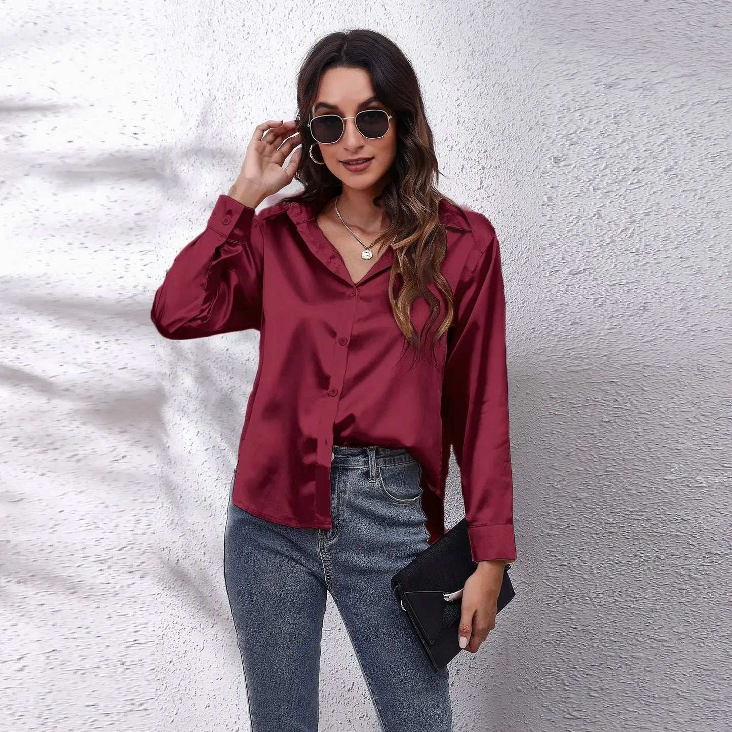 Autumn Women Solid Satin Shirt Long Sleeve Imitation Silk Loose Button Up Blouse Shirt Ladies Tops Fashion Clothing.