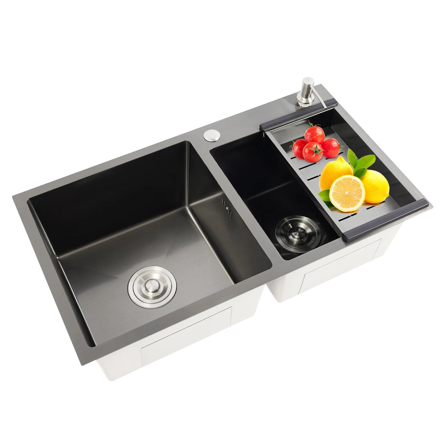 Doppelschüssel-Küchenspüle mit Seifenspender, Abflusskorb, Rohre, Edelstahl 304, 78 x 43 x 22 cm, zusätzliche Aufbewahrung für Restaurants