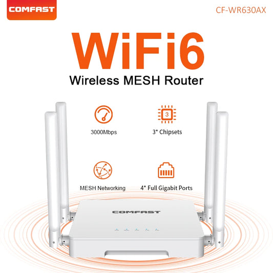 Comfast 3000Mbps  WiFi6 Wireless MESH Router 2.4G/5.8G WPA3 Signal 4 Antenna 4 Gigabit Port Wifi repetidor Roteador CF-WR630AX.