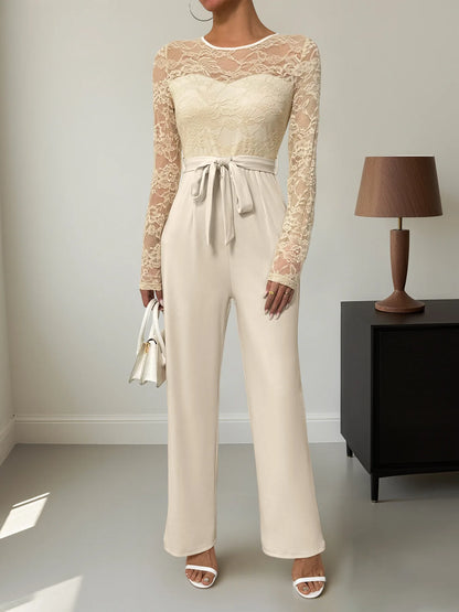 Woman Black Lace Sleeve Jumpsuit Round Neck Belted Waist Ideal for Evening Parties and Cocktail Events