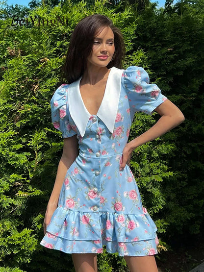 Beiyingni Neue In frauen Kleid Elegante Französisch Mode Schlank Kurzarm Mini Kleider Weibliche Rüschen Tasten V-ausschnitt Kurze Vestido